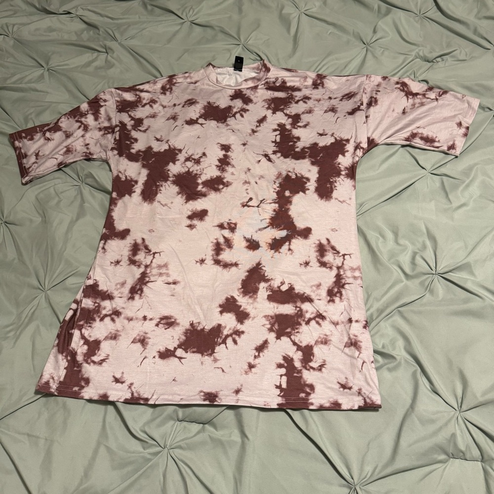 SHEIN Pale Pink and Brown Tie-Dye T-Shirt Dress